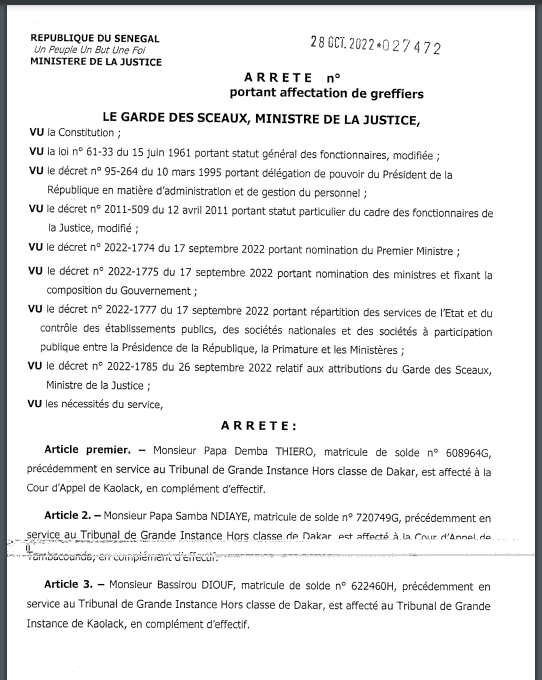 Affaire Adji Sarr - Ousmane Sonko : Pourquoi le greffier du Doyen des juges, a été affecté à Kaolack (Document)