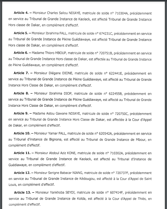 Affaire Adji Sarr - Ousmane Sonko : Pourquoi le greffier du Doyen des juges, a été affecté à Kaolack (Document)