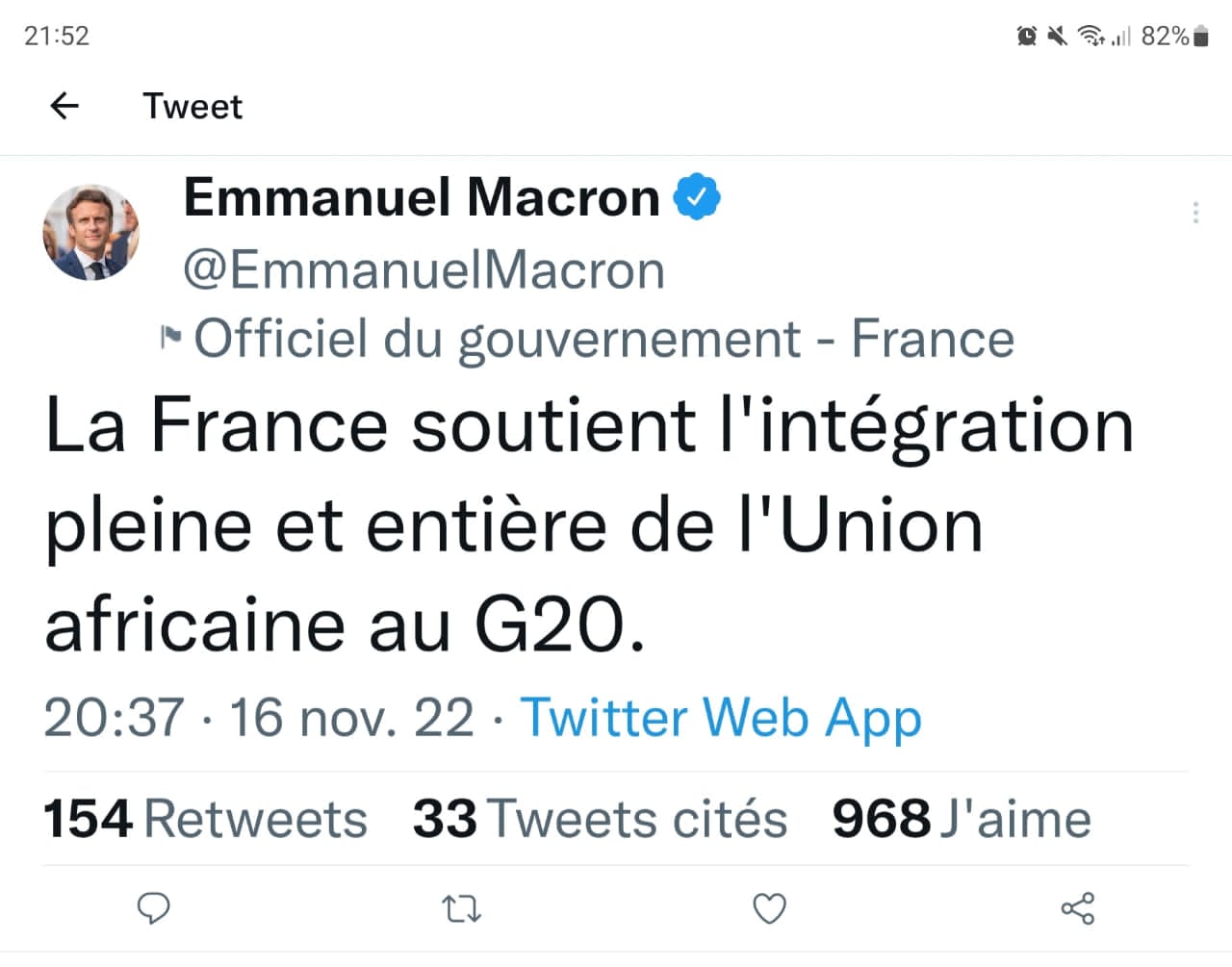 "La France soutient l'intégration pleine et entière de l'Union africaine au G20" (Emmanuel Macron)