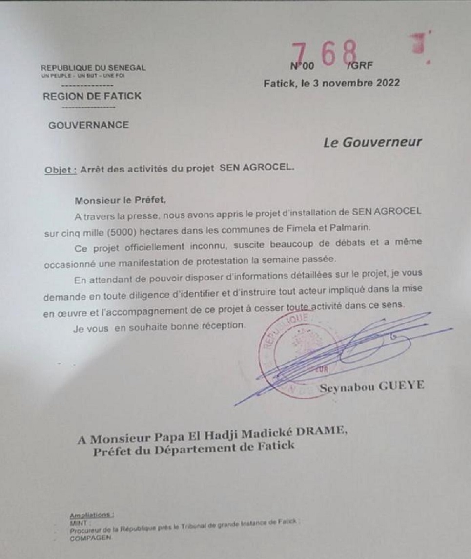 Projet d'installation de Sen Agrocel à Fimela et Palmarin : Le gouverneur  de Fatick demande l’arrêt des activités du projet