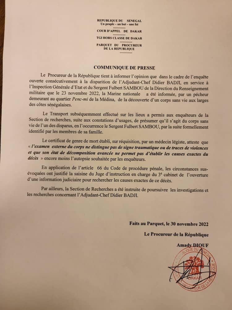 Mort du sergent Fulbert Sambou : Les précisions du Procureur de la République (Document)