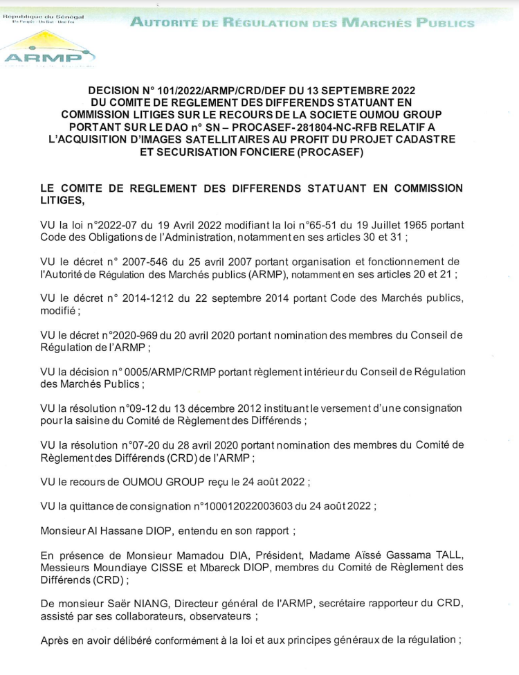 PROCASEF / Marché pour l'acquisition d'images satellitaires : L'ARMP rejette le recours de Oumou Group (Document)
