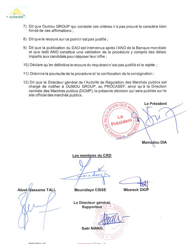 PROCASEF / Marché pour l'acquisition d'images satellitaires : L'ARMP rejette le recours de Oumou Group (Document)