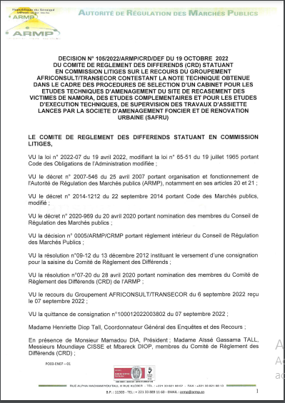 ARMP / Le Groupement Africonsult/Transecor conteste le rejet de son offre dans les marchés de prestations intellectuelles lancée par la société Safru Sa. (Document)