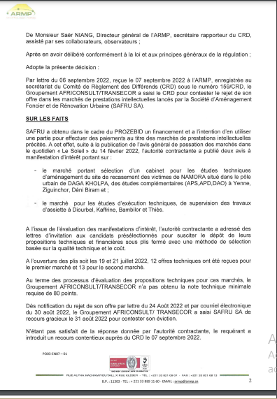 ARMP / Le Groupement Africonsult/Transecor conteste le rejet de son offre dans les marchés de prestations intellectuelles lancée par la société Safru Sa. (Document)