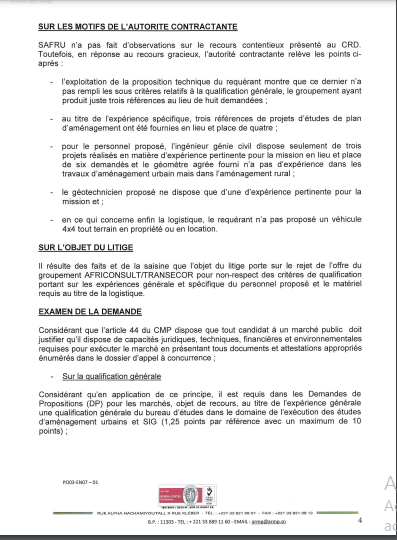 ARMP / Le Groupement Africonsult/Transecor conteste le rejet de son offre dans les marchés de prestations intellectuelles lancée par la société Safru Sa. (Document)