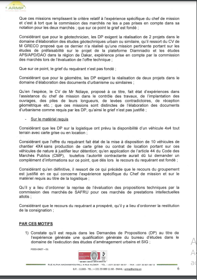 ARMP / Le Groupement Africonsult/Transecor conteste le rejet de son offre dans les marchés de prestations intellectuelles lancée par la société Safru Sa. (Document)