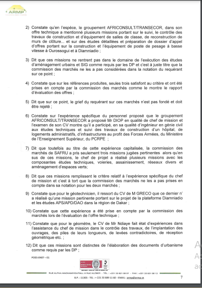 ARMP / Le Groupement Africonsult/Transecor conteste le rejet de son offre dans les marchés de prestations intellectuelles lancée par la société Safru Sa. (Document)
