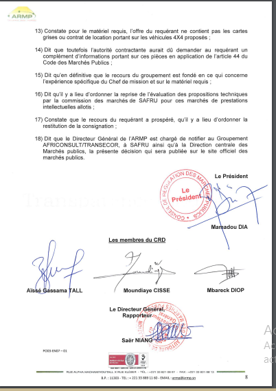 ARMP / Le Groupement Africonsult/Transecor conteste le rejet de son offre dans les marchés de prestations intellectuelles lancée par la société Safru Sa. (Document)