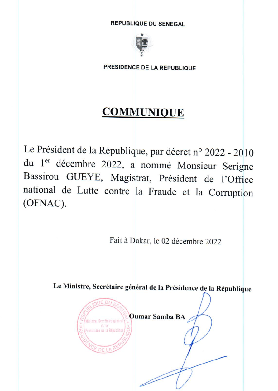 Serigne Bassirou Gueye nommé à la tête de l’OFNAC