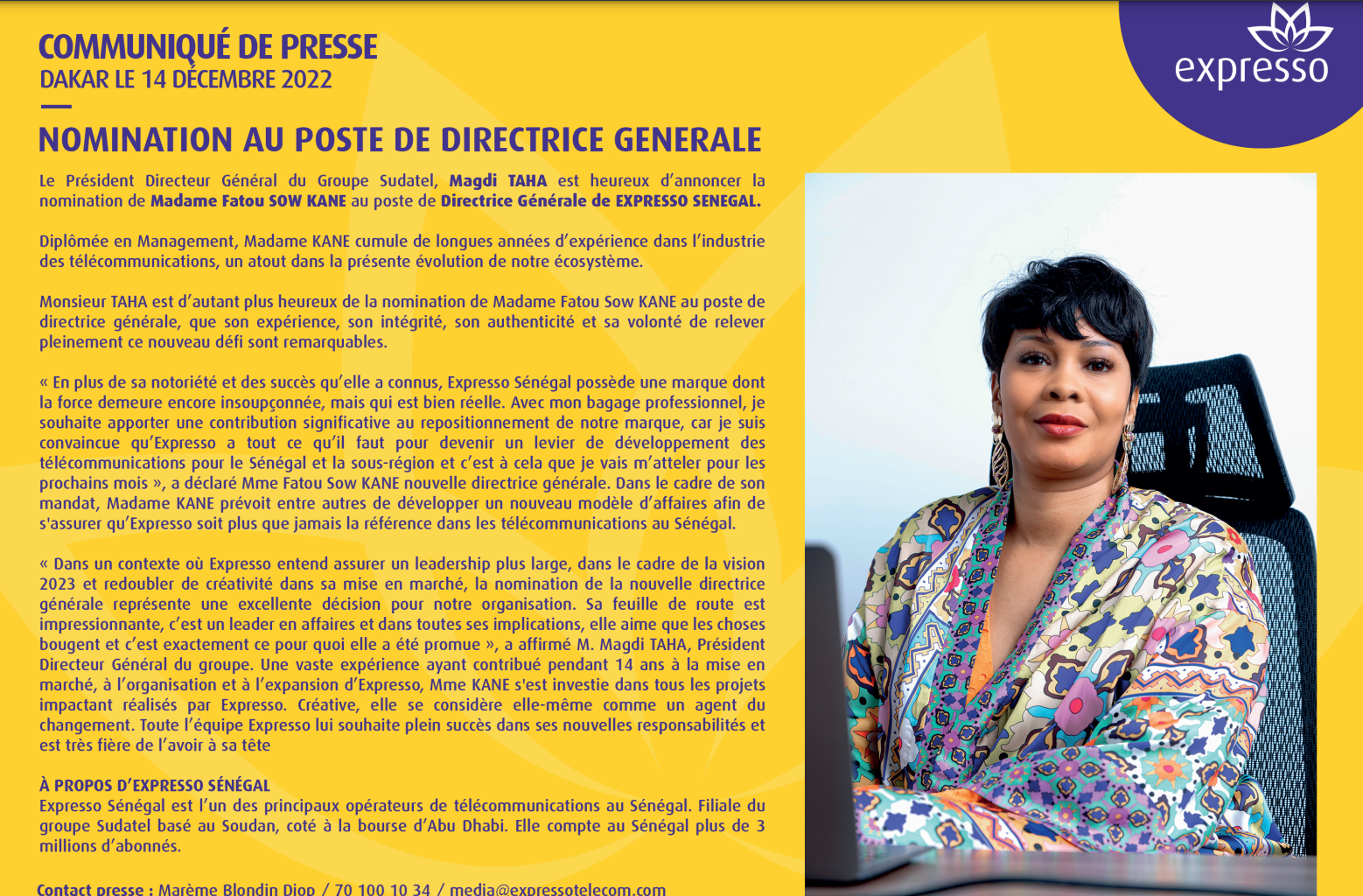 Nomination: Madame Fatou Sow Kane, nouvelle Directrice générale d'EXPRESSO SENEGAL