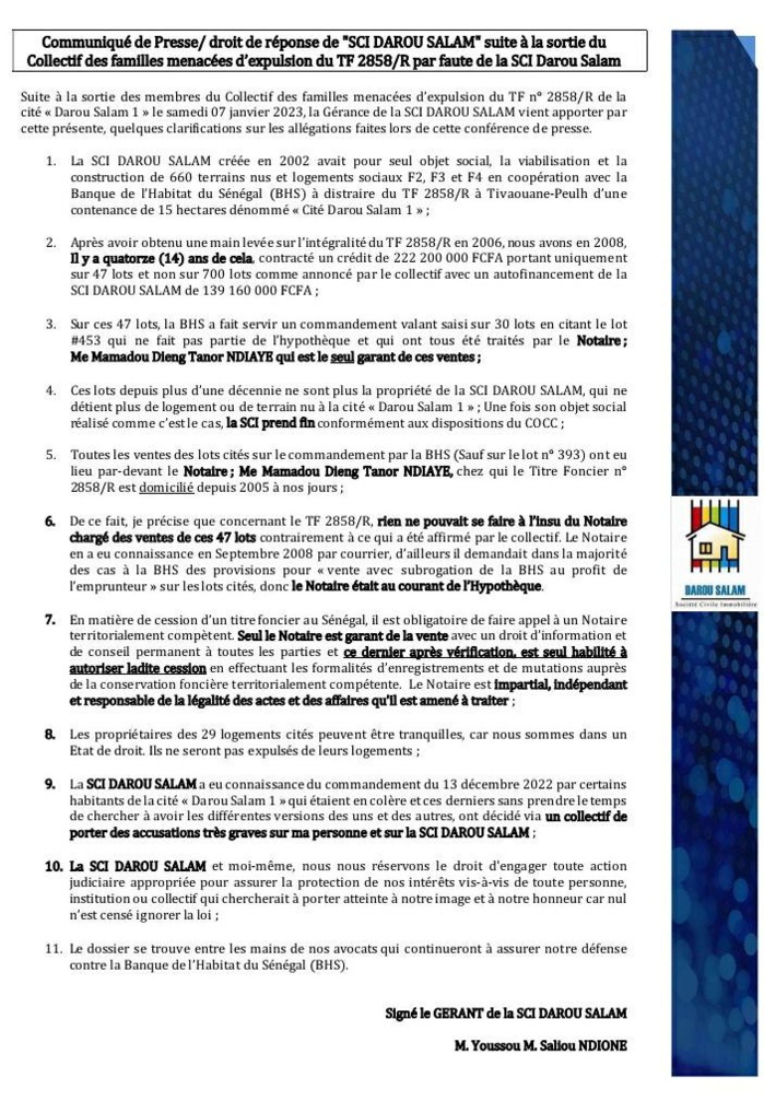 Familles menacées de délogement à Tivaoune Peulh / SCI Darou Salam : "Les propriétaires des 29 logements cités peuvent être tranquilles. Ils ne seront pas expulsés de leurs maisons."