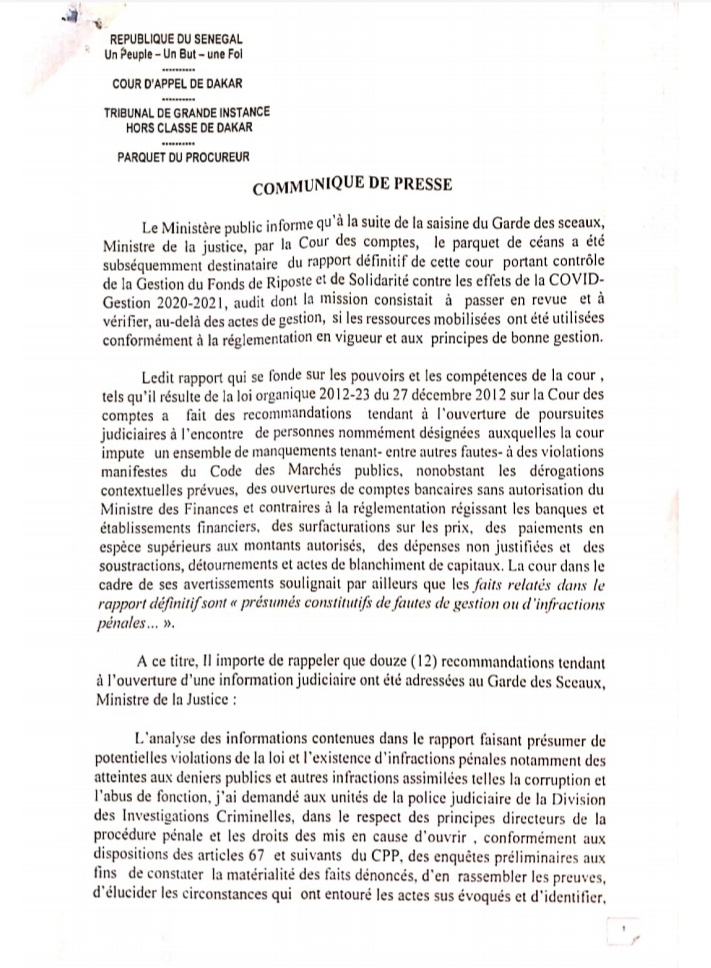 Rapport Cour des Comptes sur les fonds Force Covid-19 : Le Procureur confie le dossier à la Dic (Communiqué)