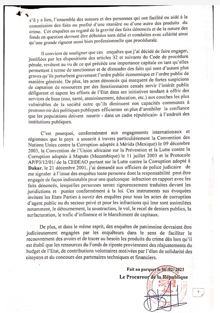 Rapport Cour des Comptes sur les fonds Force Covid-19 : Le Procureur confie le dossier à la Dic (Communiqué)