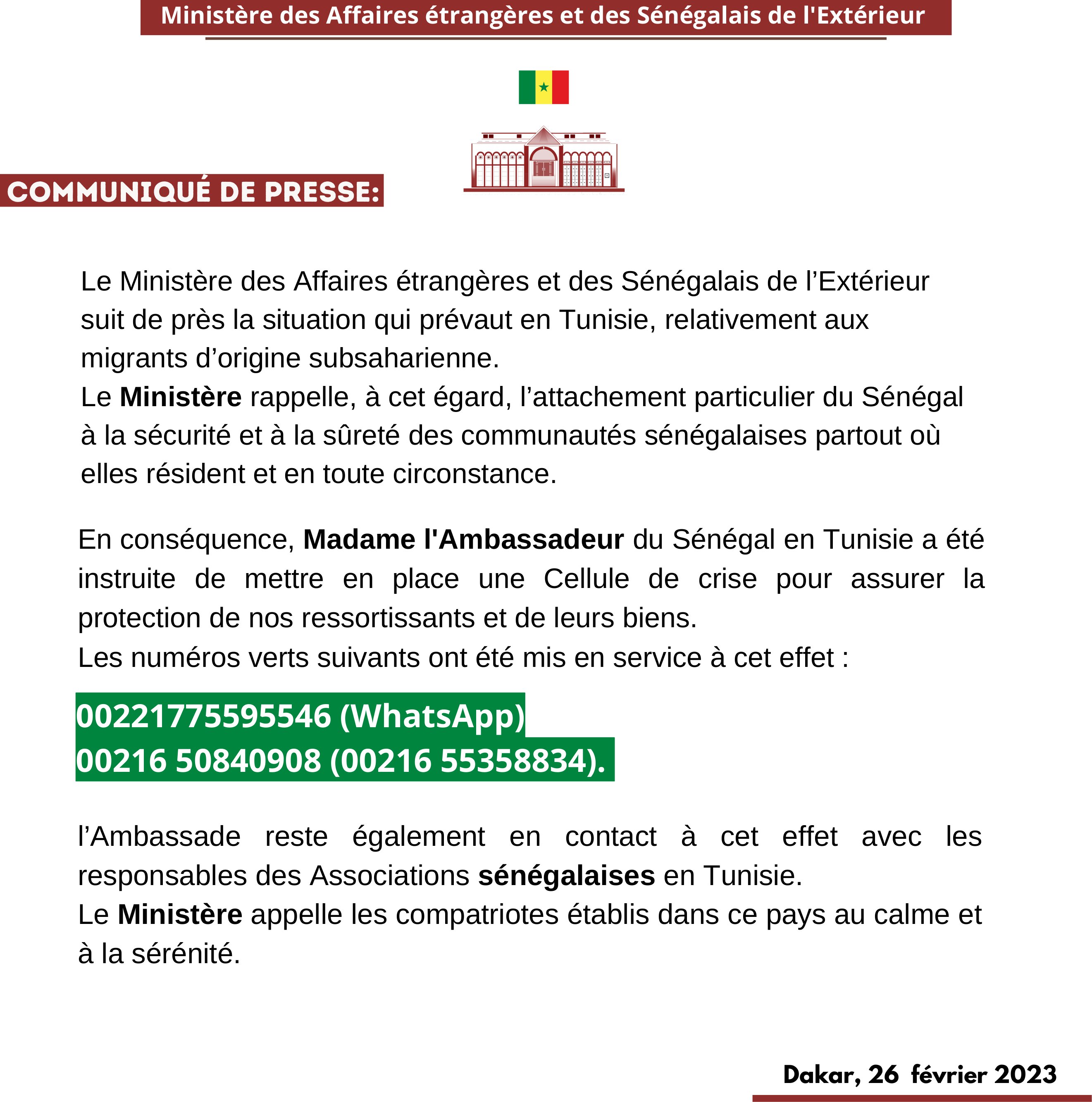 Situation de migrants en Tunisie, le Ministère des Affaires étrangères et des Sénégalais de l’Extérieur réagit