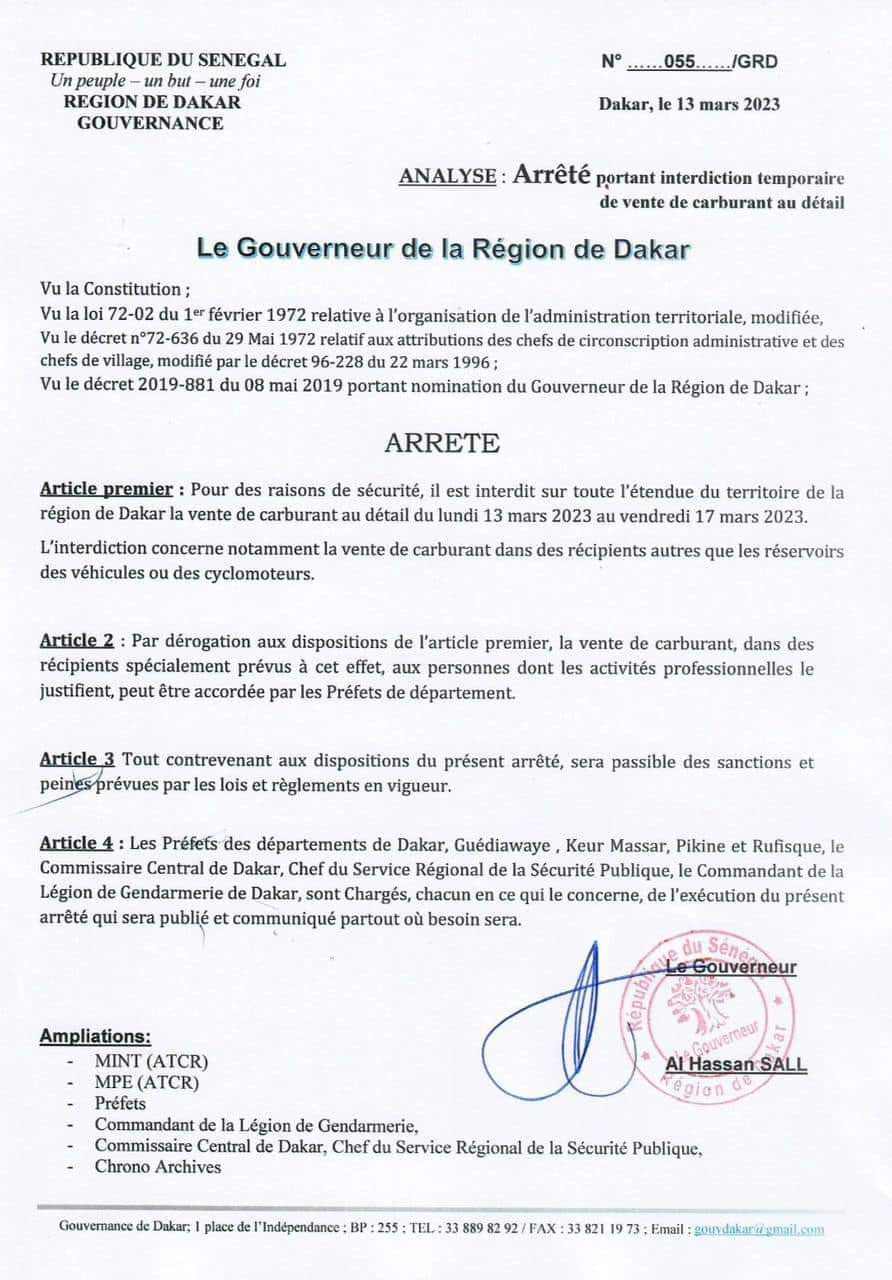 Interdiction temporaire de vente de carburant en détail: L'arrêté du Gouverneur de Dakar