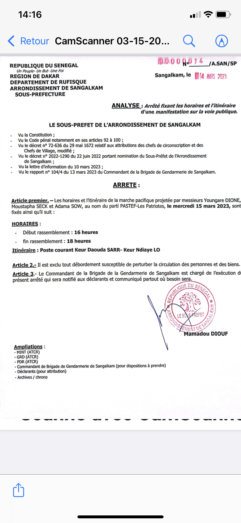 Manifestation : Le Préfet de Sangalkam fixe les horaires