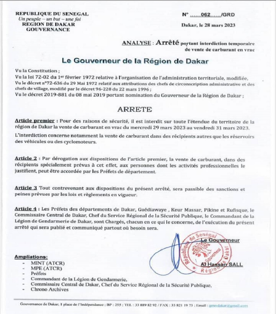 Interdiction de la vente de carburant au détail : Gouverneur de Dakar reconduit la mesure du 29 au 31 mars Interdiction de la vente de carburant au détail : Gouverneur de Dakar reconduit la mesure du 29 au 31 mars