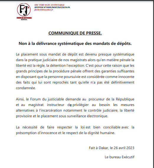 Le Forum du Justiciable dit non "à la délivrance systématique" des mandats de dépôt