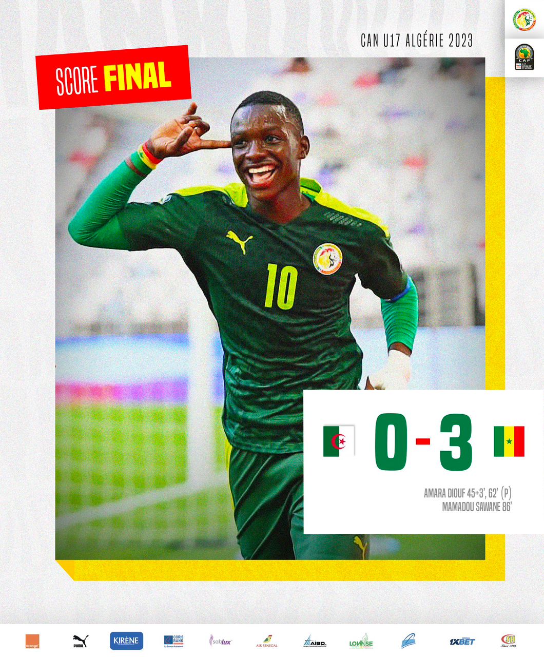 CAN des moins de 17 ans: Le Sénégal remporte son deuxième match de groupe face à l’Algérie (0-3) et se qualifie en quart de finale