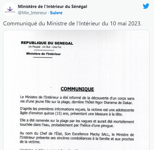 Fille décédée à Ngor: Le ministère de l'Intérieur donne sa version des faits