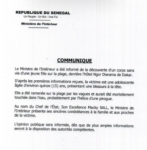 Fille décédée à Ngor: Le ministère de l'Intérieur donne sa version des faits