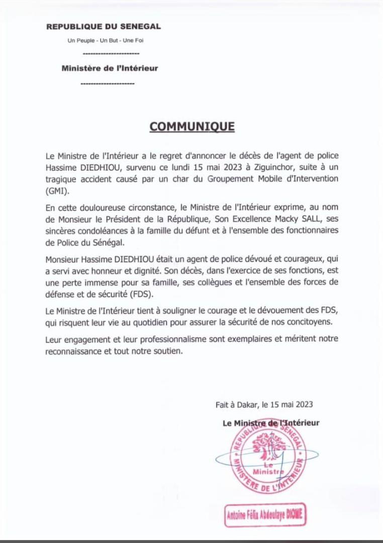 Ziguinchor: Le ministre de l'Intérieur confirme la mort du policier 