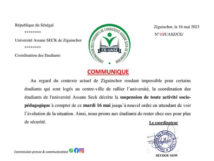 Université Assane Seck de Ziguinchor: Suspension de toute activité socio- pédagogique à compter de ce mardi