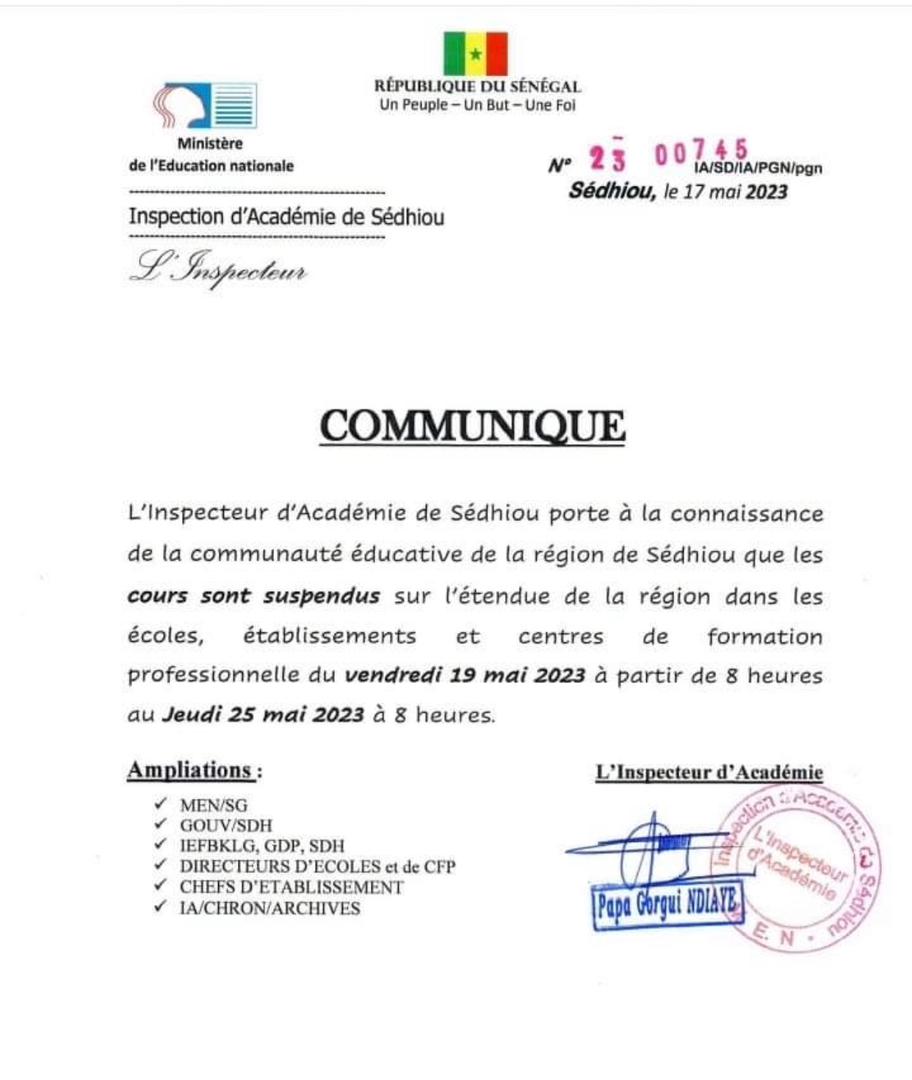 Sédhiou : Les cours suspendus jusqu'au 25 mai 2023