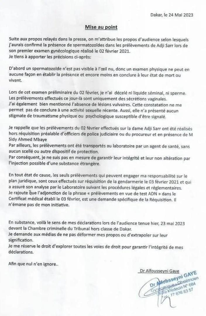 Présence de spermatozoïdes dans les prélèvements de Adji Sarr : Démenti et éclairage du gynécologue  Alfotisseyni Gaye
