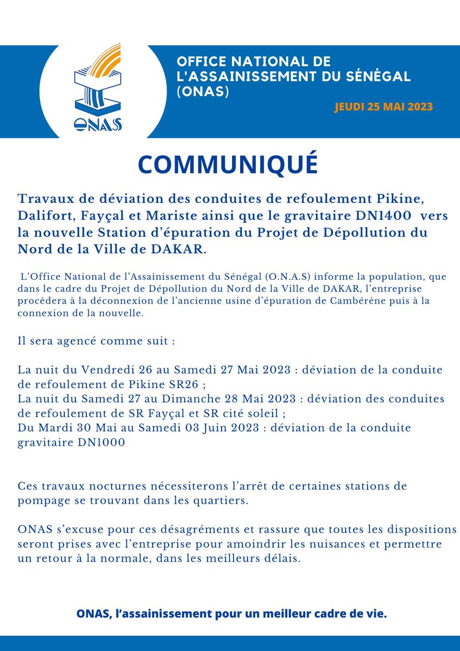 Dépollution de la ville de Dakar : L'Onas procédera à la déconnexion de l’ancienne usine d’épuration de Cambérène pour connecter la nouvelle