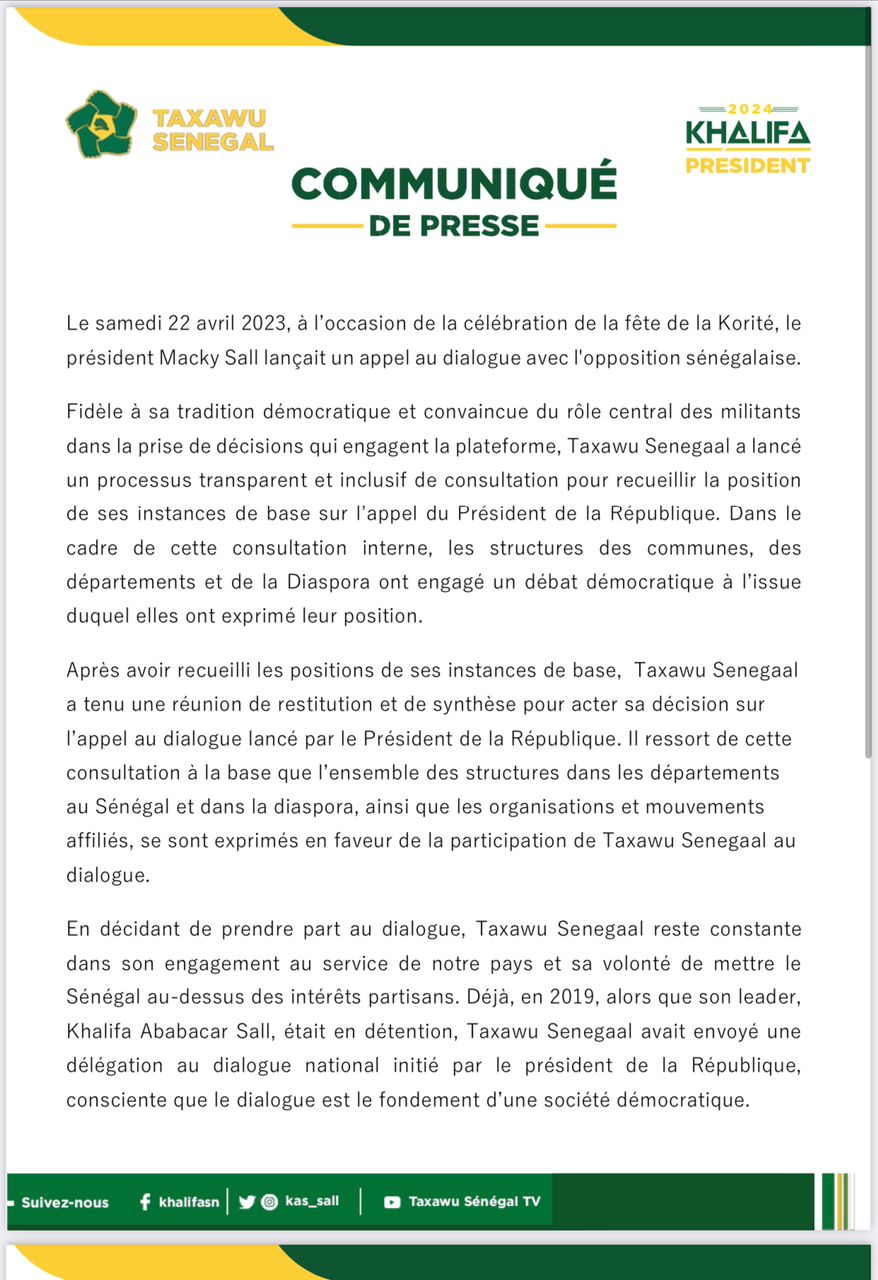 Dialogue national : Taxawu Sénégal de Khalifa Sall annonce sa participation