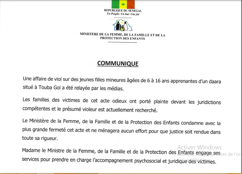 Touba Gol / Affaire de viol sur des jeunes filles mineures : Le Ministre de la Femme condamne avec la plus grande fermeté, cet acte