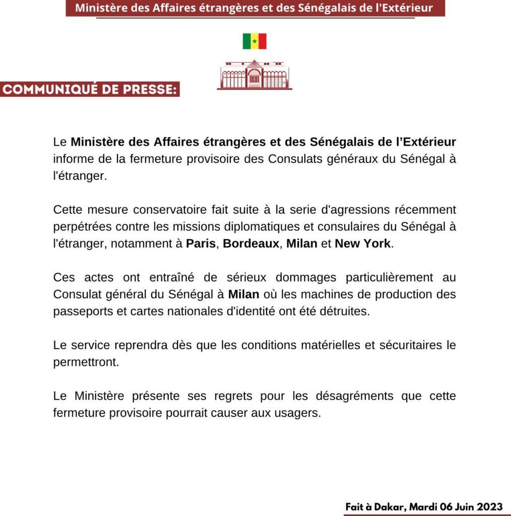 Le Ministère des Affaires étrangères annonce la fermeture provisoire des Consulats généraux du Sénégal à l’étranger