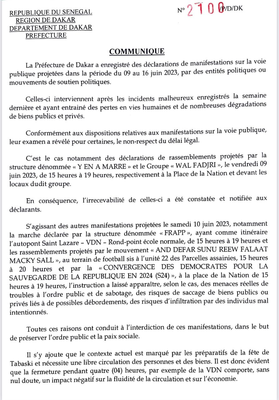 Le Préfet de Dakar interdit les manifestations prévues en fin de semaine