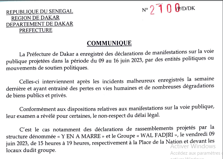 Manifestations sur la voie publique : « Y EN A MARRE » et le Groupe « WAL FADJRI » interdits de rassemblement, ce vendredi