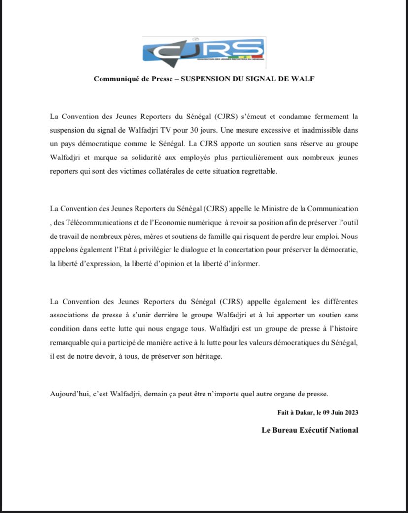 Suspension de Walf Tv : "Excessive et inadmissible dans un pays démocratique comme le Sénégal", s'insurge la CJRS