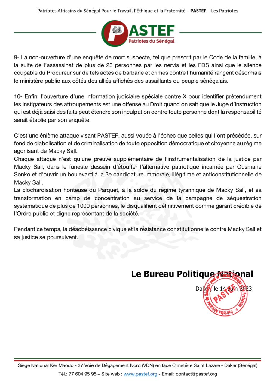 Ouverture d’une information judicaire spéciale contre X : Pastef, « Les Patriotes » dénonce une énième attaque contre le Parti, vouée à l’échec