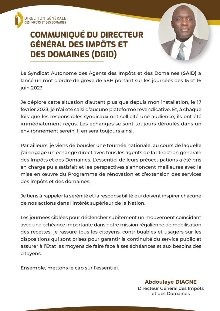 Grève des agents des Impôts et Domaines : Le Directeur général appelle à la sérénité et, à la responsabilité (Communiqué)