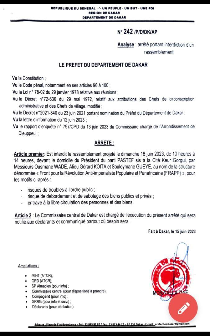 Le Préfet de Dakar interdit la manifestation de Frapp, prévue dimanche (Document)