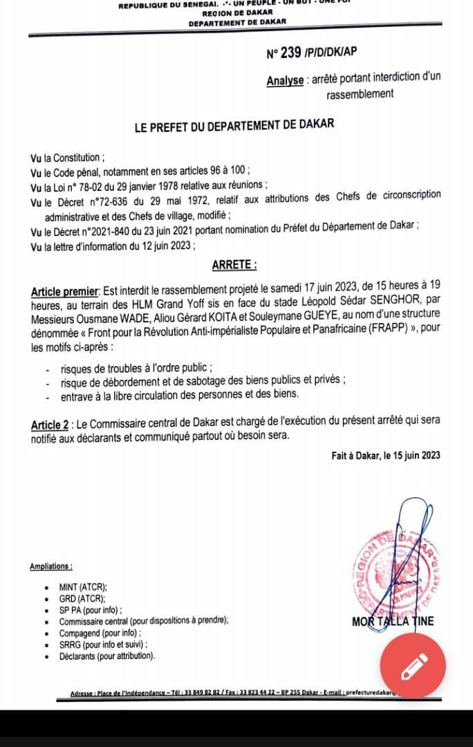 Interdiction du rassemblement de Frapp, prévu samedi