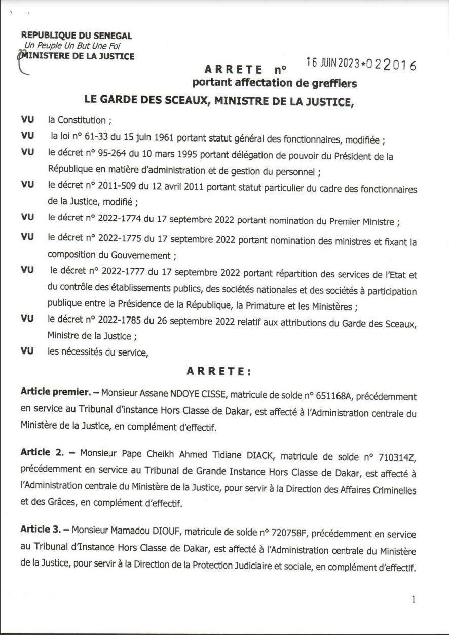 La liste complète des greffiers affectés par le ministre de la Justice (Documents)