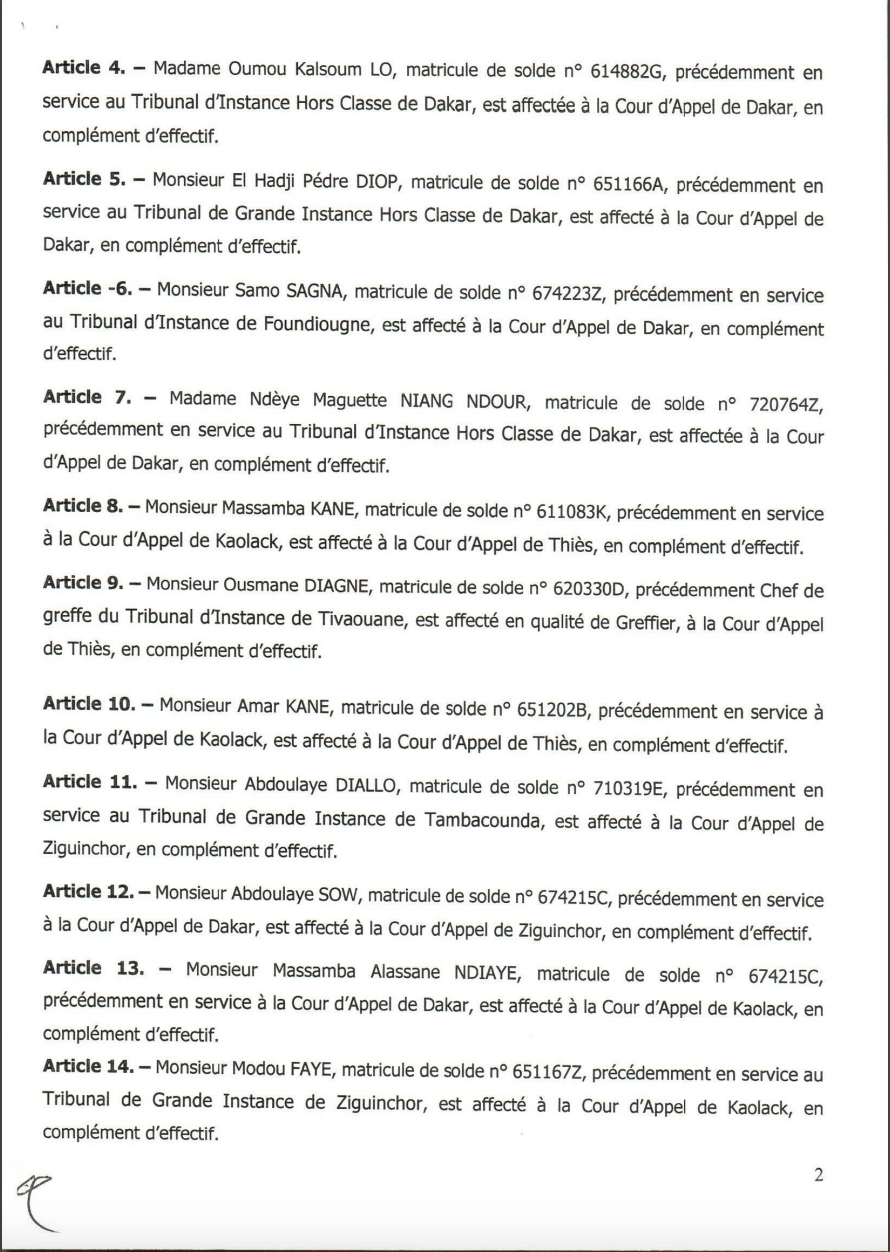 La liste complète des greffiers affectés par le ministre de la Justice (Documents)