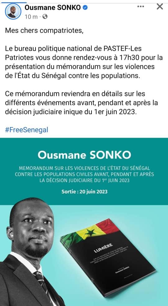 Ousmane Sonko annonce la publication d'un mémorandum sur "les violences de l'Etat du Sénégal contre les populations"