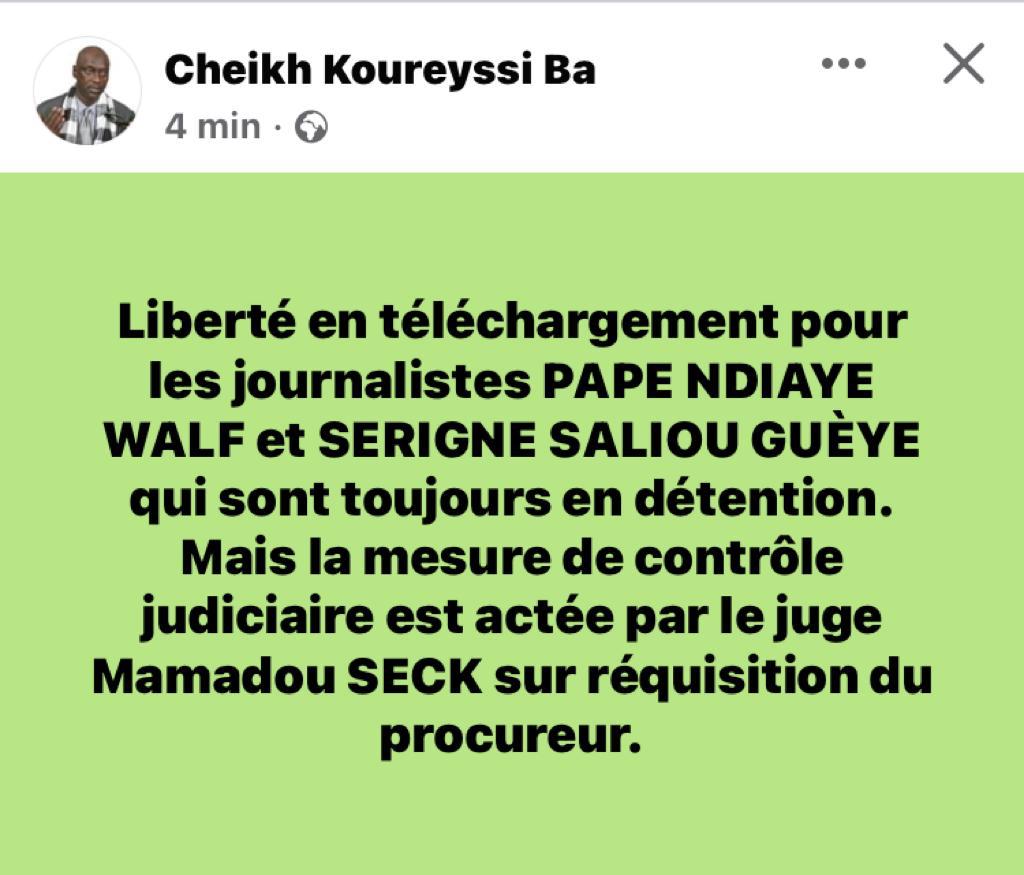 Mesure de contrôle judiciaire actée : Liberté en cours pour les journalistes, Pape Ndiaye de Walf et Serigne Saliou Guèye de Sen Tv