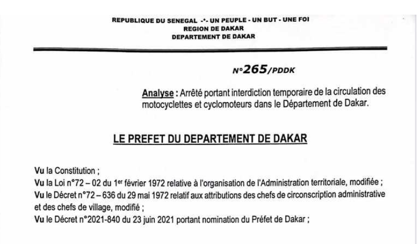 Dakar: Le préfet interdit la circulation de motos, ce dimanche