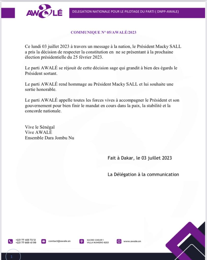 Le parti AWALÉ se réjouit de la décision du Président Sall et lui rend hommage...