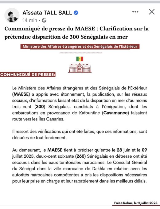 Migrants sénégalais disparus : Aïssata Tall Sall dénonce des "informations sans fondement"