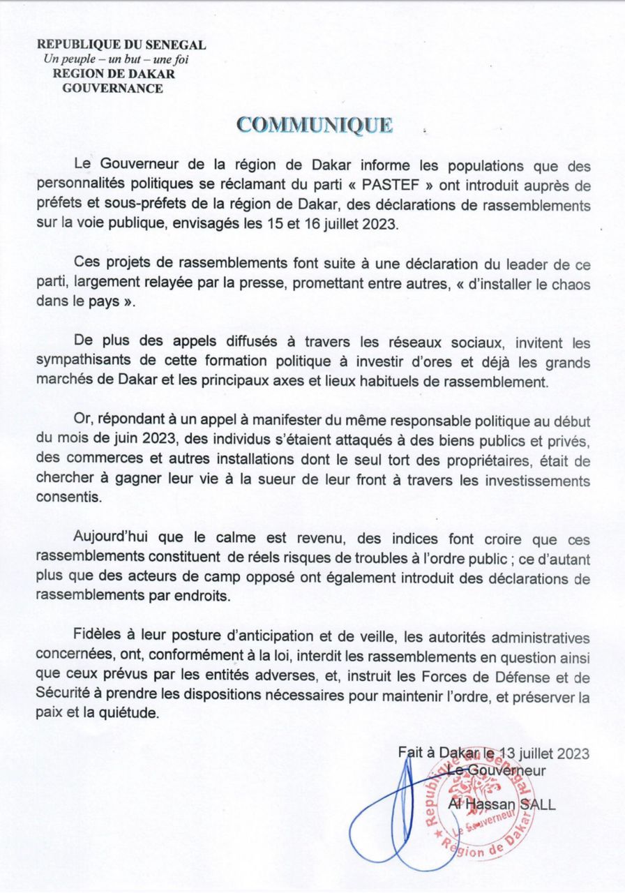 Investiture d'Ousmane Sonko: Le Gouverneur de Dakar interdit tous les rassemblements de Pastef