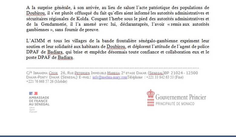 Doubirou / Deux policiers gambiens franchissent illégalement la frontière pour racketter des "jakartamen" (AIMM)